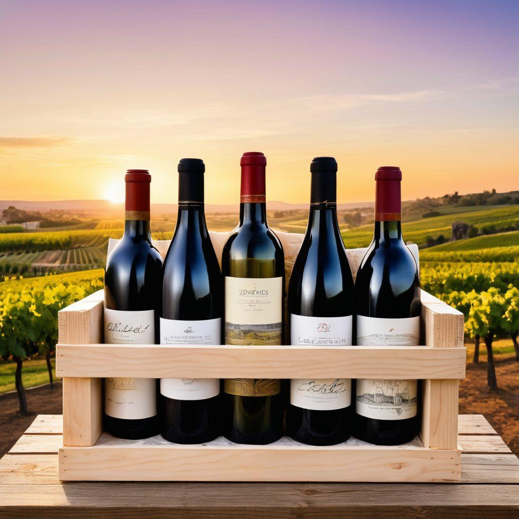An artistic arrangement of various wine bottles, elegantly packed in a stylish wooden crate filled with soft, protective materials. Surrounding the crate are essential packing tools like bubble wrap, tape, and markers, with a beautiful vineyard setting in the background under a sunset. The overall composition should convey a sense of care and love for wine transport. warm colors. painting.
