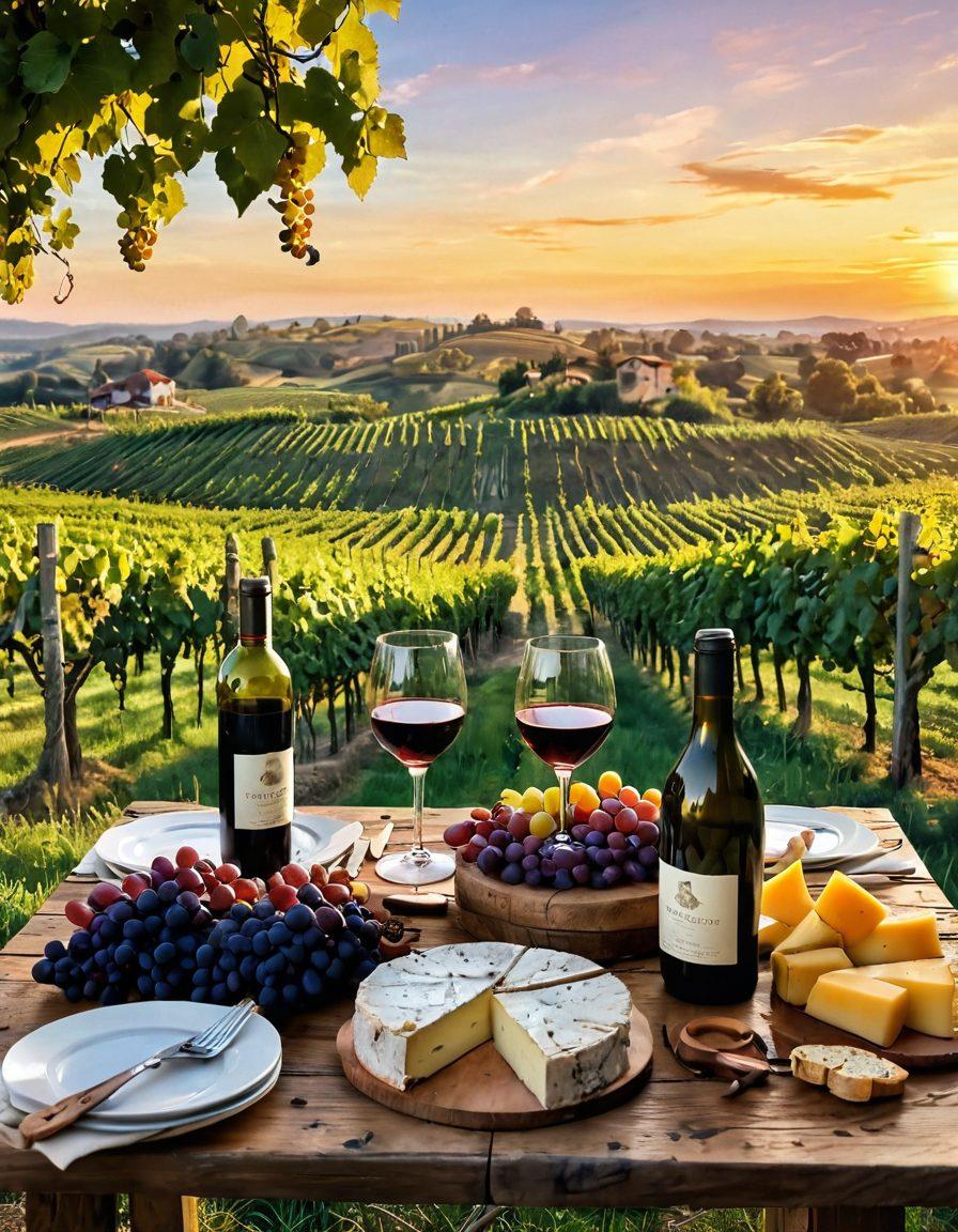 A picturesque vineyard landscape during sunset, with travelers toasting with glasses of wine in the foreground. Essential wine gear like bottles, corkscrews, and travel bags scattered artistically around them. Lush grapevines rolling into the horizon, and a rustic wooden table set with gourmet cheese and fruits. The ambiance should evoke warmth and adventure. vibrant colors. painterly style.