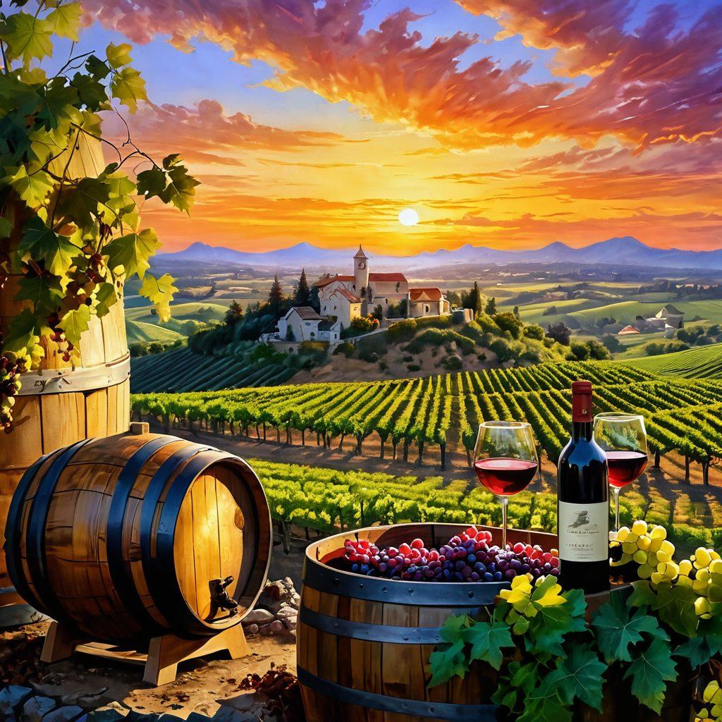 A captivating vineyard landscape merging into a scenic travel destination, featuring a rustic wooden wine barrel surrounded by lush grapevines on one side and a stunning sunset view of famous monuments on the other. Include colorful wine bottles and glasses artistically arranged in the foreground to symbolize the connection between wine and exploration. Emphasize warm golden hues to evoke a sense of adventure and indulgence. painting. vibrant colors.